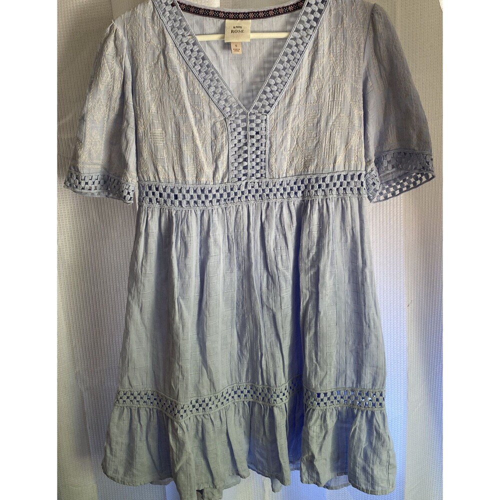 Knox Rose Dress Woman Small Cotton Embroidery Detail Blue Short Sleeve Lined